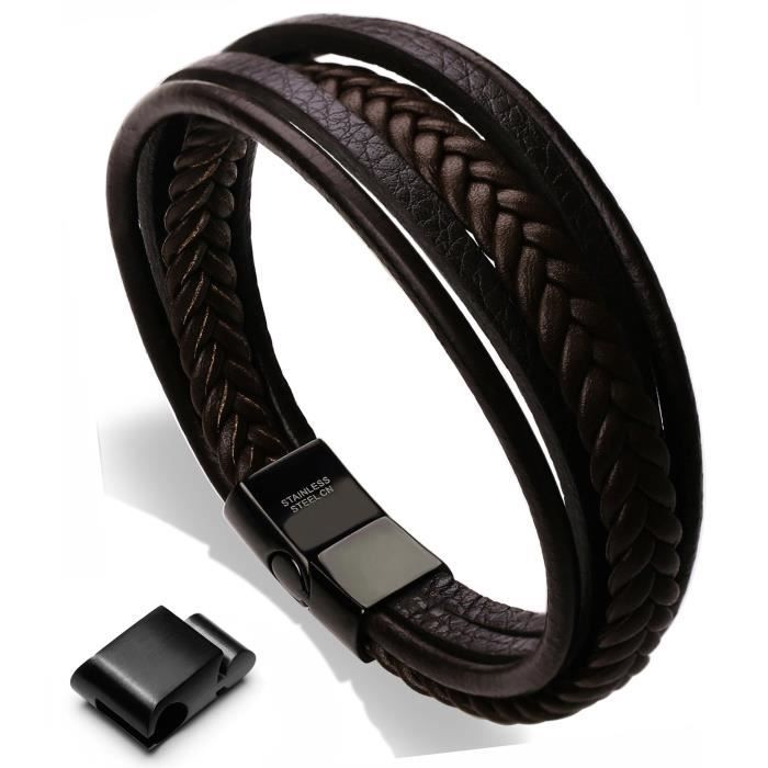 murtoo Homme Cuir Véritable Bracelet Acier Inoxydable Bracelet Multi Tissé Réglable Noir Marron Cuir Bracelet Les Hommes Cadeaux