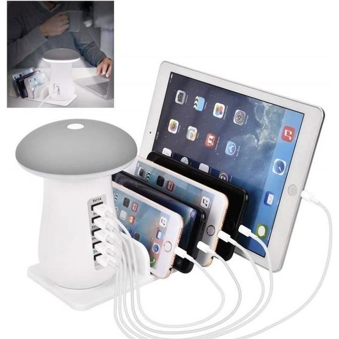 Station de Charge USB, Quick Charge 3.0 Chargeur Multiple USB avec 5 Ports USB de Recharge, Support de Charge, Champignon LED Lampe