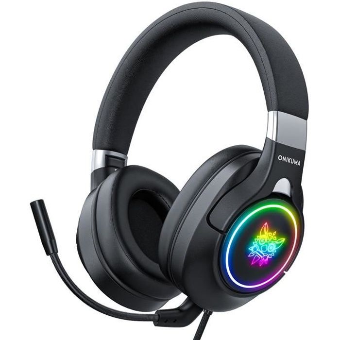 ONIKUMA K15 Casqu, casque avec son surround Casque de lumière LED sur l'oreille Casque PC à réduction de bruit, casque gaming