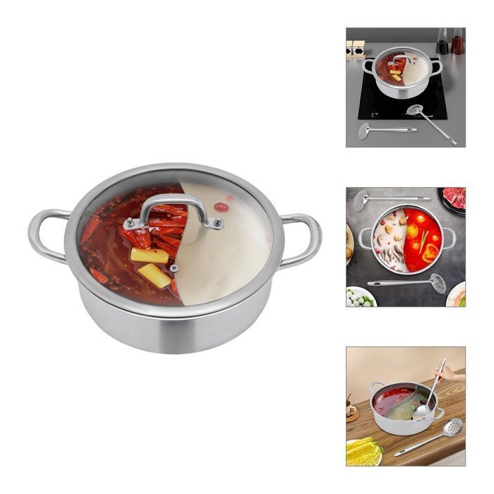 Induction Gaz Casserole à Fondue Chinoise 32cm Acier Inox 304 - Avec Séparateur Et 2 Cuillères - Induction Compatible Casserole Fondue Chinoise