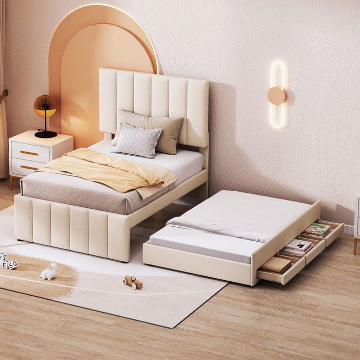 Lit denfant 90x200 cm - MODERNLUXE - Avec lit à roulettes et tiroirs de rangement - Beige