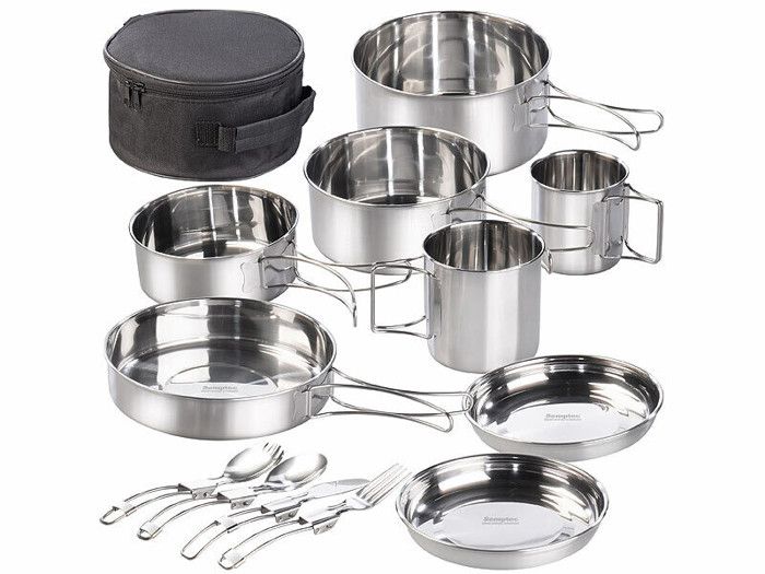 Batterie de cuisine - Semptec - 12 ustensiles - Acier inoxydable - Rangement compact - Poignées rabattables