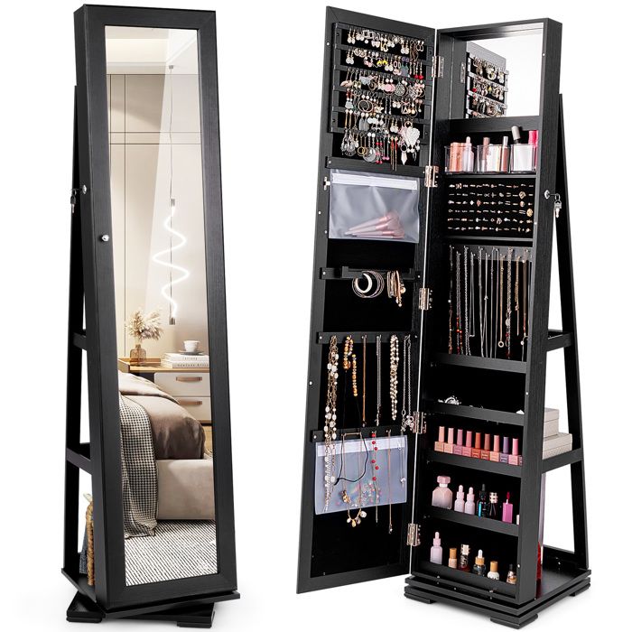 Armoire à Bijoux Pivotante à 360 Degrés COSTWAY Grand Miroir Psyché Porte Verrouillable 3 Etagères de Rangement à Arrière Noir
