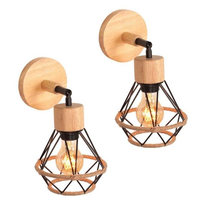 WOTTES Applique Murale en Bois E27 Lampe Murale Vintage Industrielle Cage en Métal et Corde de Chanvre Noir 2pcs