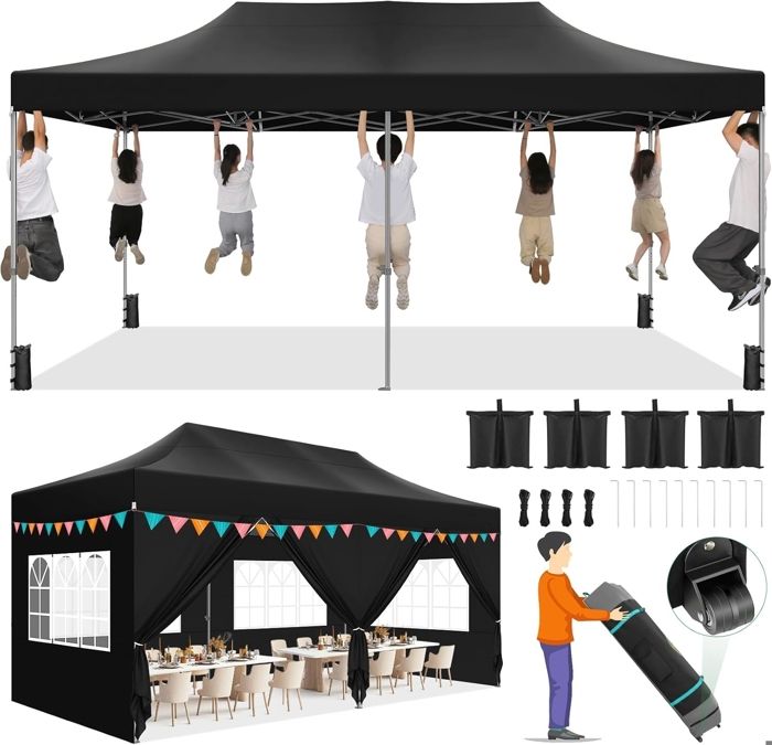 Tonnelle Pliante 3x6 Tonnelle de Jardin Imperméable pour Exterieur avec 6 Parois Latérales Protection UV Noir
