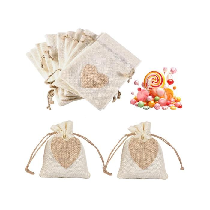 10Pcs Motif de Coeur Sachets en Toile de Jute Pochettes 10 * 8CM Petit Pochon Dragees pour Dragees Mariage Bonbons Adeaux Cadeau