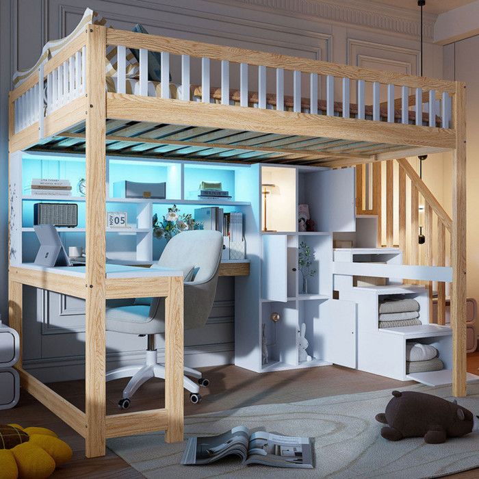 Lit Mezzanine 140x200 cm avec éClairage LED Lit Enfant avec Bureau Lit Double avec éChelle de Rangement Blanc + Couleur Naturelle