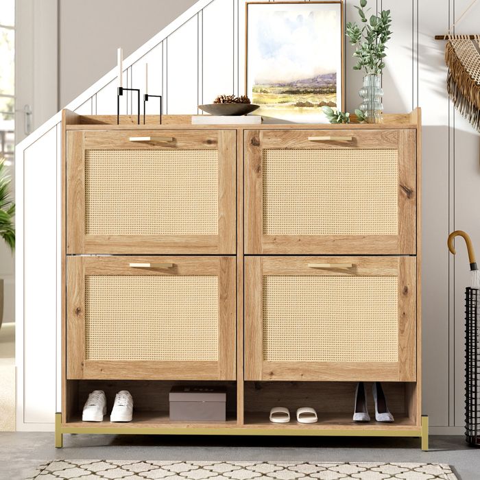 Meuble à chaussures - MODERNLUXE - 108.5x24x100cm - 4 portes en rotin - Métal - Naturel