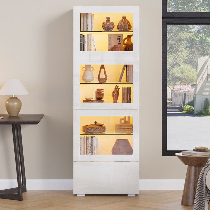Vitrine Armoire en Acrylique Armoire de Rangement à Haute Brillance avec éclairage LED 3 étages en Verre Vitrine Salle à Manger