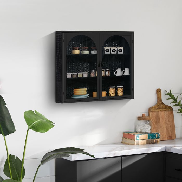 Portes en verre 70CM Armoire mural moderne à deux portes avec rangement à trois niveaux pour lentrée Salon Salle de bains Salle à