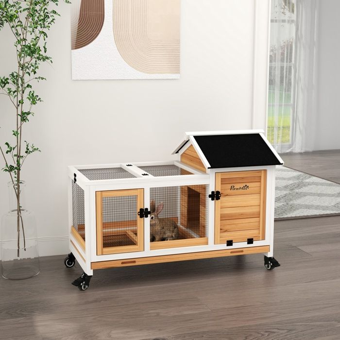 Cage à lapin extérieur Clapier cage à lapins rongeurs sur roulettes 2 portes verrouillables - 108 x 58 x 735 cm bois massif jaune