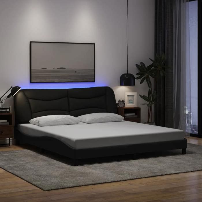 Structure de lit avec LED - UU - Hvar - 180x200 cm - Noir - Tissu polyester - Lattes de contreplaqué