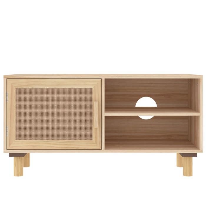 Meuble TV en bois de pin et rotin - WIENS - 80x30x40 cm - Bois de pin massif - Rotin naturel - Grand espace de rangement