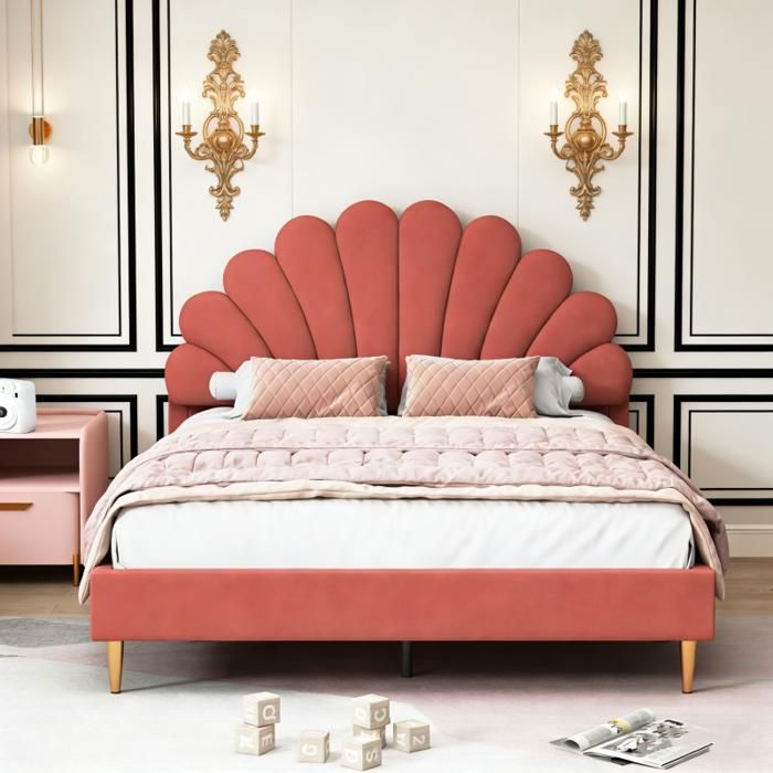 Lit double 140x200 cm - KILISKY - Coquillage - Velours Bordeaux - Sommier à lattes inclus - 2 places