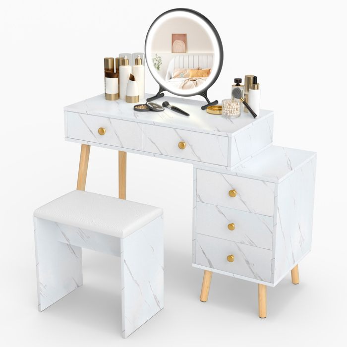 Ensemble Coiffeuse et Tabouret COSTWAY Miroir LED Amovible 3 Modes d’Éclairage 5 Tiroirs Finition Effet Marbre Pieds en Chêne