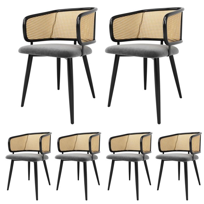 Lot de 6 Chaises Salle à Manger avec coussin à dos en rattan coussins velvet style Scandinave pour salons et cafésgris