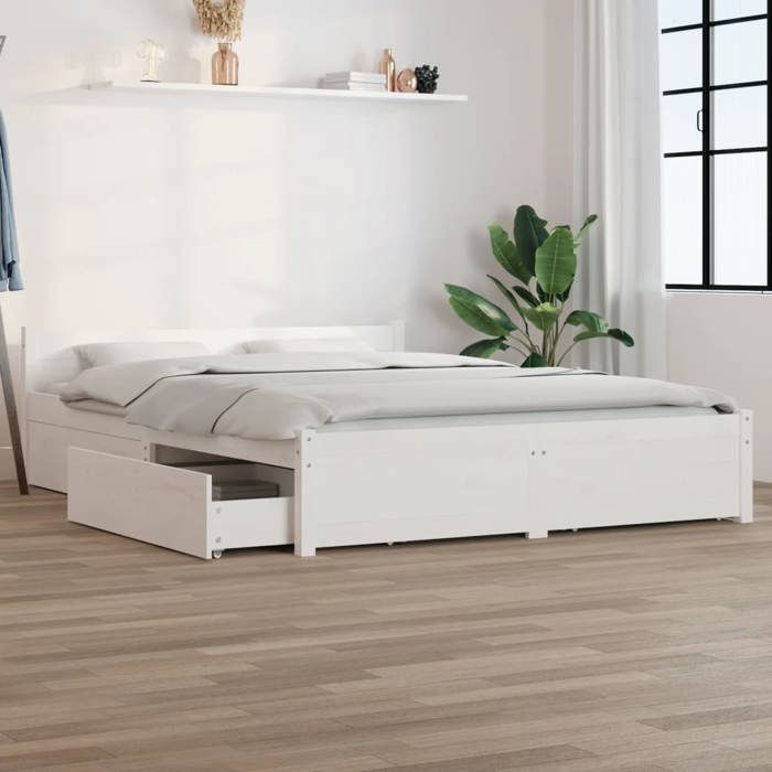 Blanc Cadre de lit sans matelas avec tiroirs blanc 140x190 cm - Lit chambre H12883