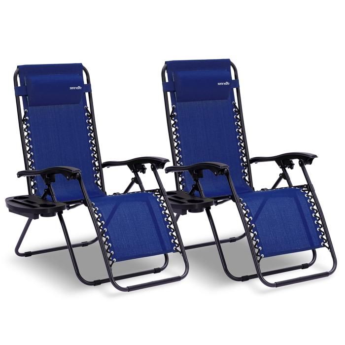 Set de 2 Chaises Longues - SereneLife - Chaises Pliantes pour Extérieur avec Porte-Gobelets - Oreillers Amovibles - Bleu