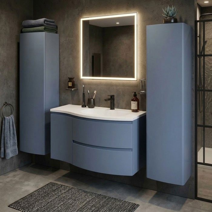 ARMONIA Meuble vasque encastrée L. 105 cm bleu-mer avec extension à gauche + 2 colonnes murales