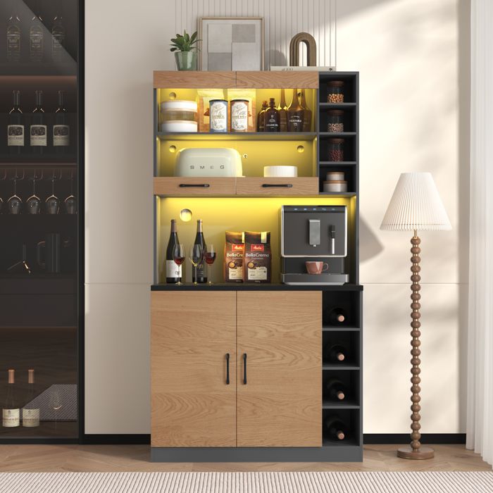 Buffet cuisine bois LED ambiant trous cable 100x47x187 cm rangement micro-onde naturel gris Buffet cuisine bois LED ambiant trous cable 100x47x187 cm rangement micro-onde naturel gris