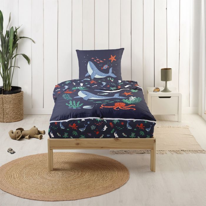 Parure de Lit Enfant Rechange Caradou® Océan en Coton 3 pièces - Couchage tout-en-un sans couette - 90x190cm - BLEU CALIN
