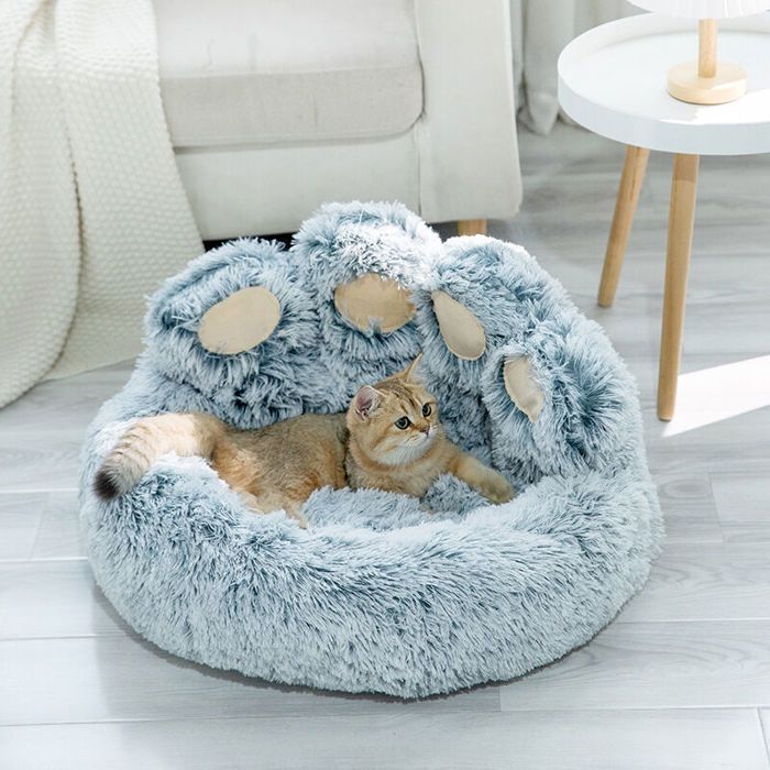 Panier moelleux et apaisant pour chiens et chats en forme de patte dours adapté aux petits chiens et chats bleu 55 x 55 x 38 cm