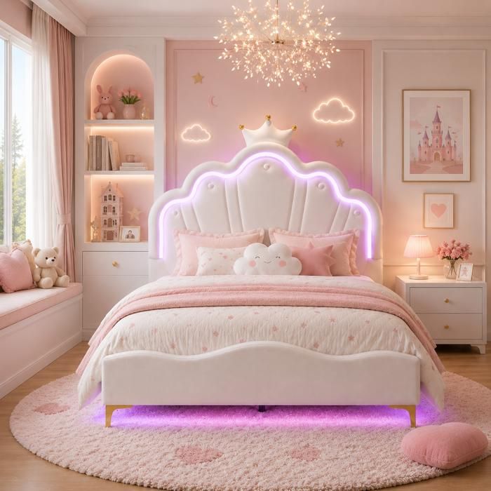 lit 140x190cm enfant avec lumière led lit fille princesse avec sommier à lattes tête de lit réglable en hauteur cuir blanc