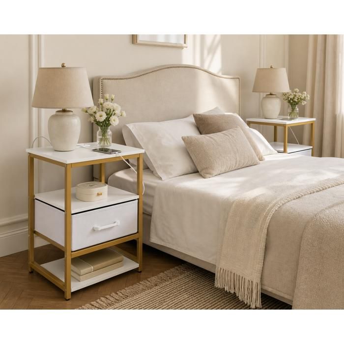 Table de chevet - PAGE LIVING - Lot de 2 - Station de charge intégrée (2 prises USB Type-C) - Tiroir tissu - 40x30x61 cm