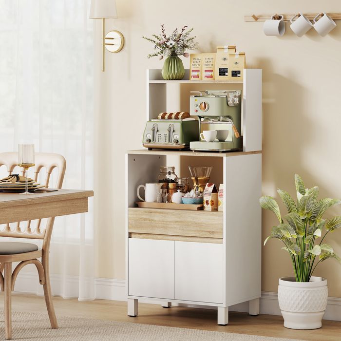 CollaHausse Meuble Micro-Ondes Bois Étagère Tablette Ouverte Tiroir Placard Blanc 60x40x131 cm