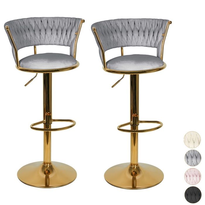 2x Chaise de Bureau avec dossier Gris tabouret de bar avec siège en Velours de chambre Rotation 360° Hauteur réglable Pied doré