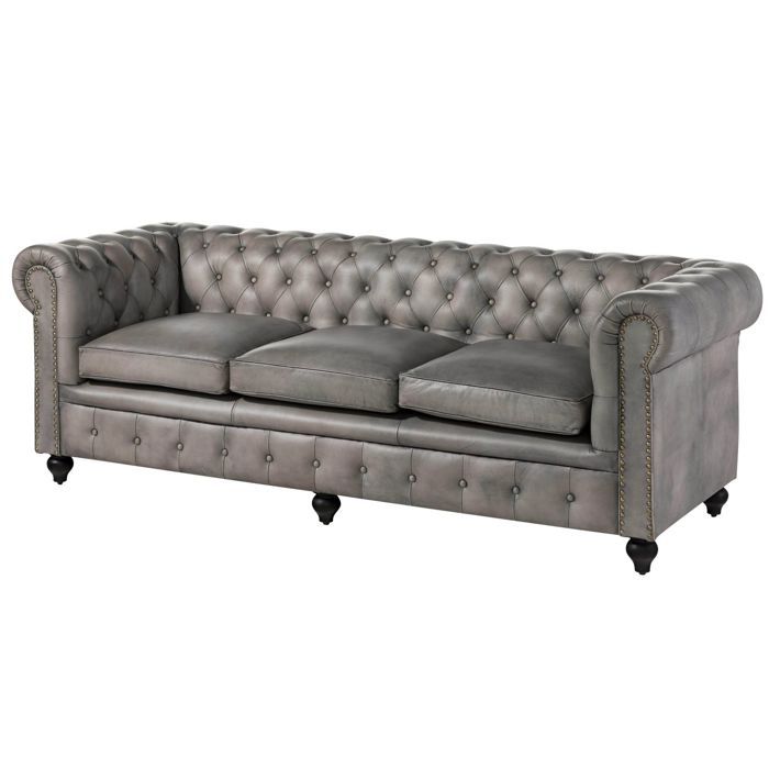 Canapé 3 places gris 216x82x75 cm (BxTxH) cuir véritable (buffle) CHESTERFIELD #203 MASSIVMOEBEL24 Canapé 3 places gris 216x82x75 cm (BxTxH) cuir véritable (buffle) CHESTERFIELD #203 MASSIVMOEBEL24