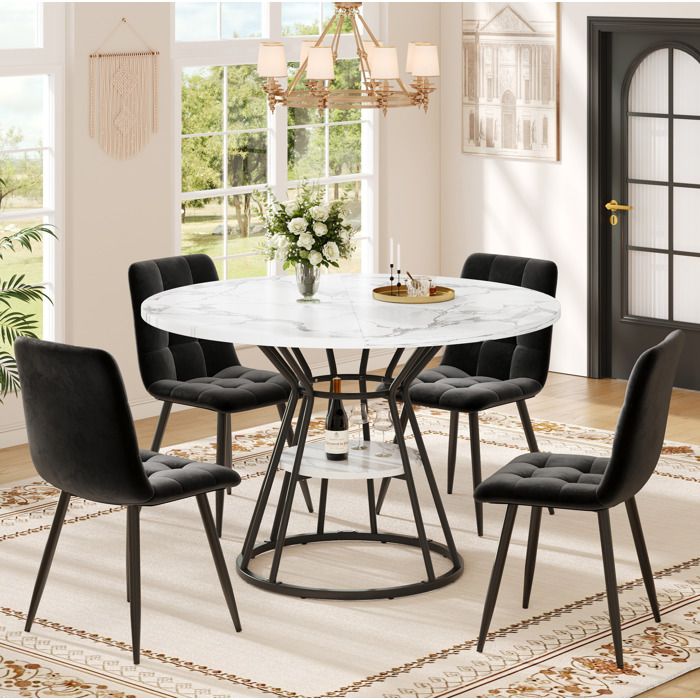 JOINERY table repas ronde rangement 100 cm effet marbre MDF métal noir table à manger cuisine avec étagère centrale stable