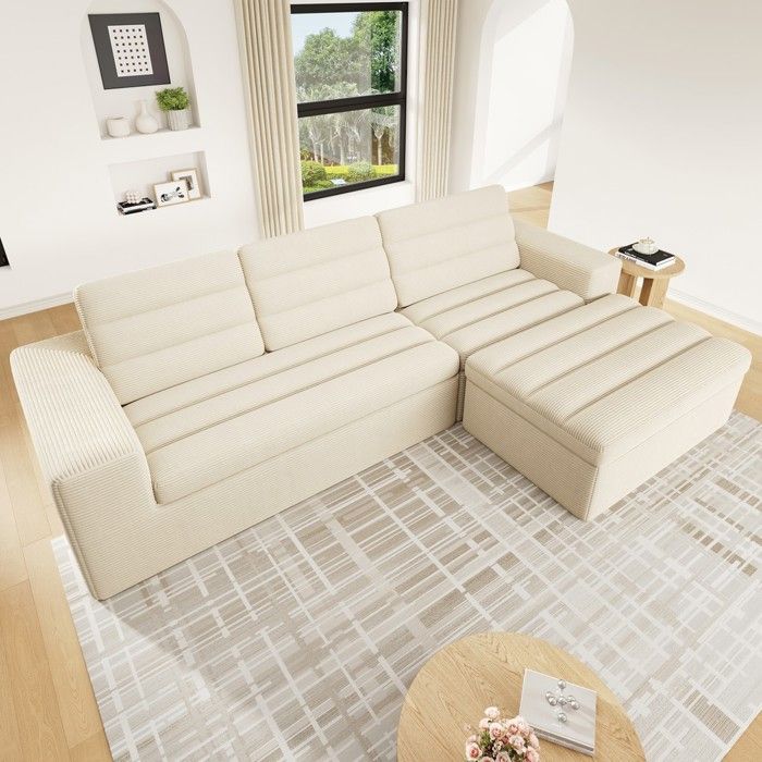 Canapé dangle - MINIMAL - Modulaire en L - Velours côtelé beige - Convertible avec rangement - 4 places Canapé dangle - MINIMAL - Modulaire en L - Velours côtelé beige - Convertible avec rangement - 4 places