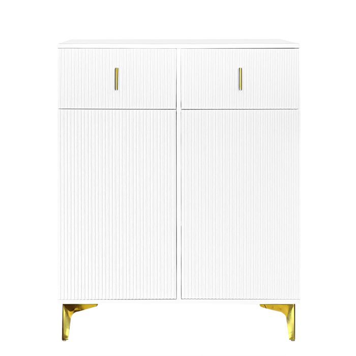 Élégant buffet/meuble à chaussures avec panneaux texturés étagères réglables et décorations dorées avec tiroirs.