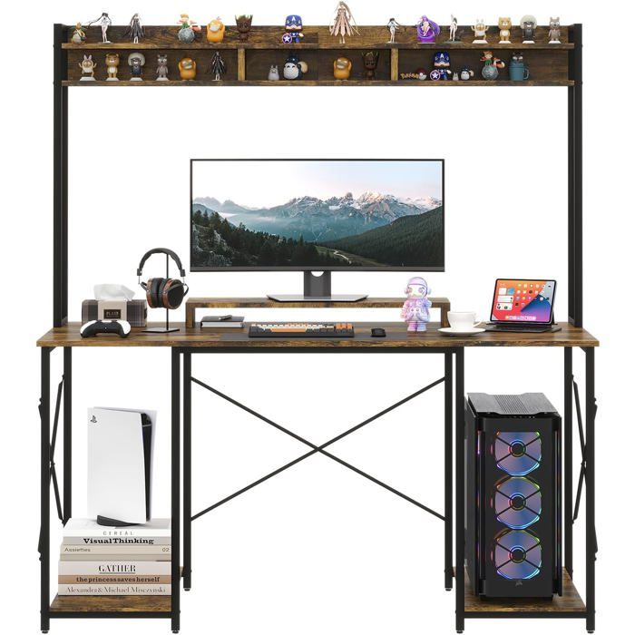 Gaming Table Bureau 120X60X162Cm Table DOrdinateur Avec Étagère Et Support DÉcran Table Pc Pour Le Bureau À Domicile (Brun[CA113]