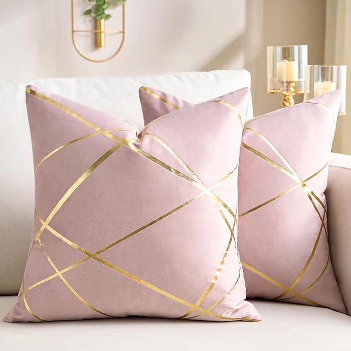 Housse de Coussin 40x40 CM Rose Coussin Velours Lignes Dorées Décoratifs Housses 40 x 40 cm (Lot de 2) Rose ROSE HOUSSE DE COUSSIN