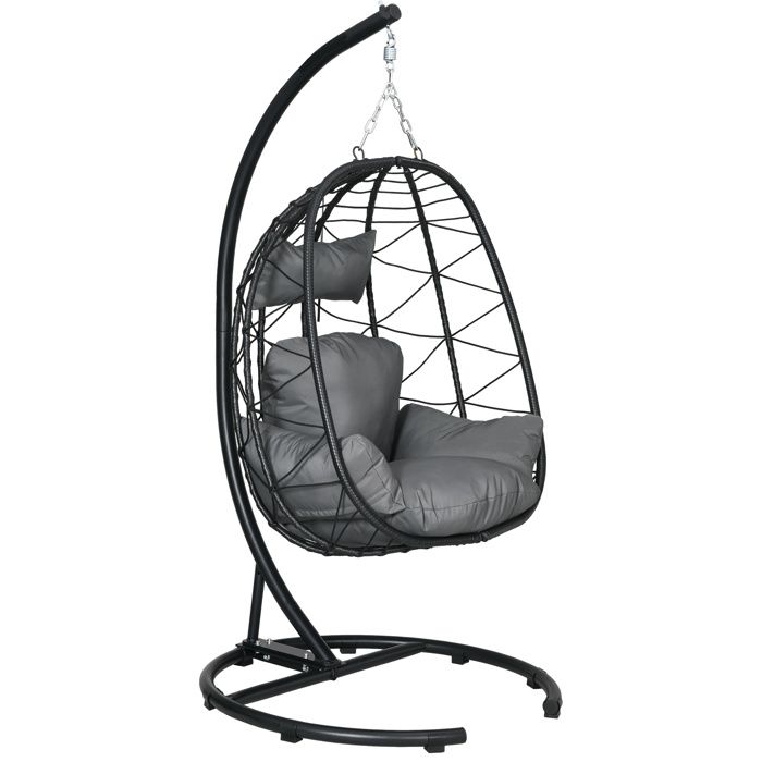 Fauteuil suspendu en rotin - Noir - Acier - 195 cm de haut - Capacité 150 kg - Coussin rembourré - Housse imperméable
