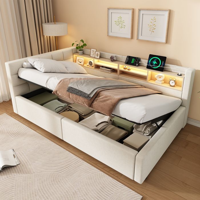 Lit banquette coffre 90x200 cm ouverture hydraulique LED multicolore dimmable étagères port USB tête réversible beige