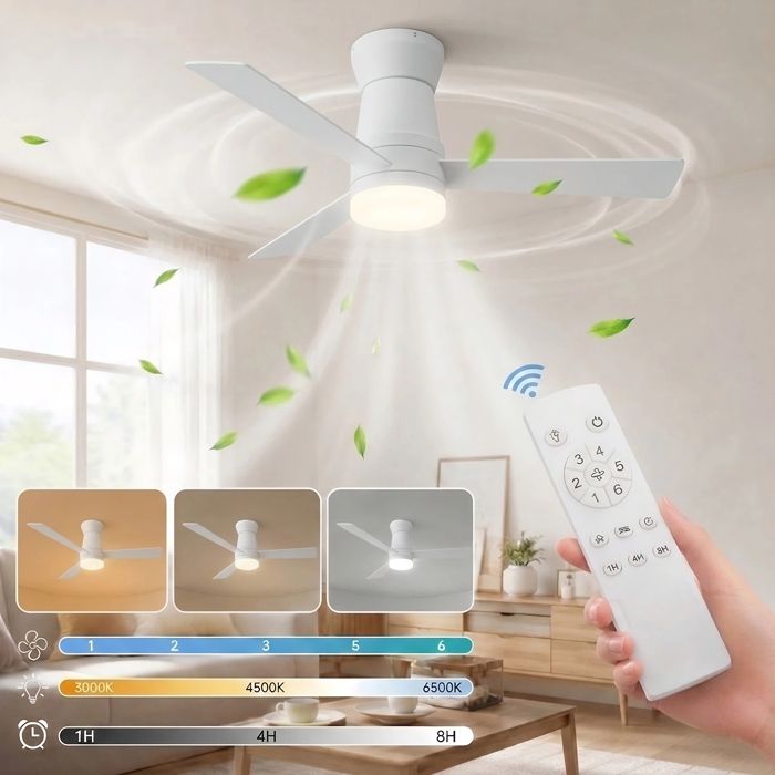 Ventilateur Plafond avec Lumiere et Télécommande-52(132 cm)-3 Pales -Dimmable Silencieux6 Vitesses Minuterie SilencieuxBlanc