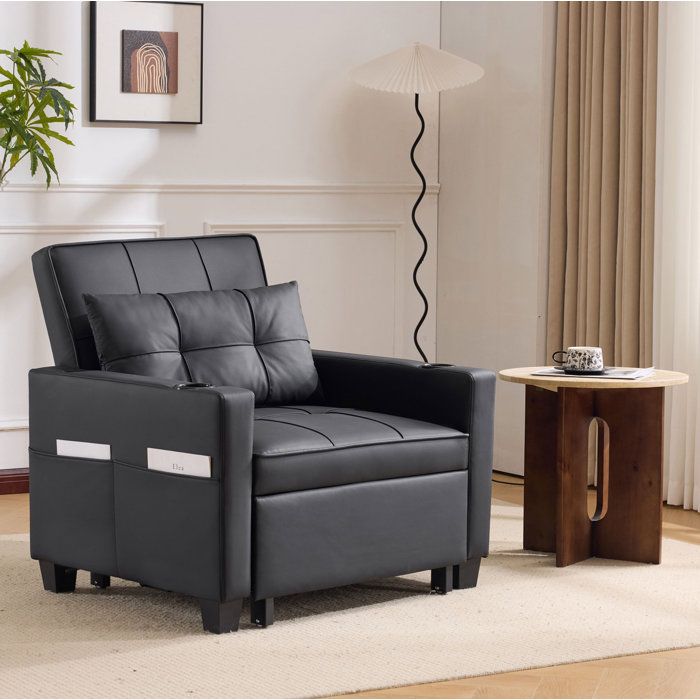 WUVRIE Fauteuil lit 3 en 1 convertible 1 place dossier réglable USB porte-gobelets simili cuir noir