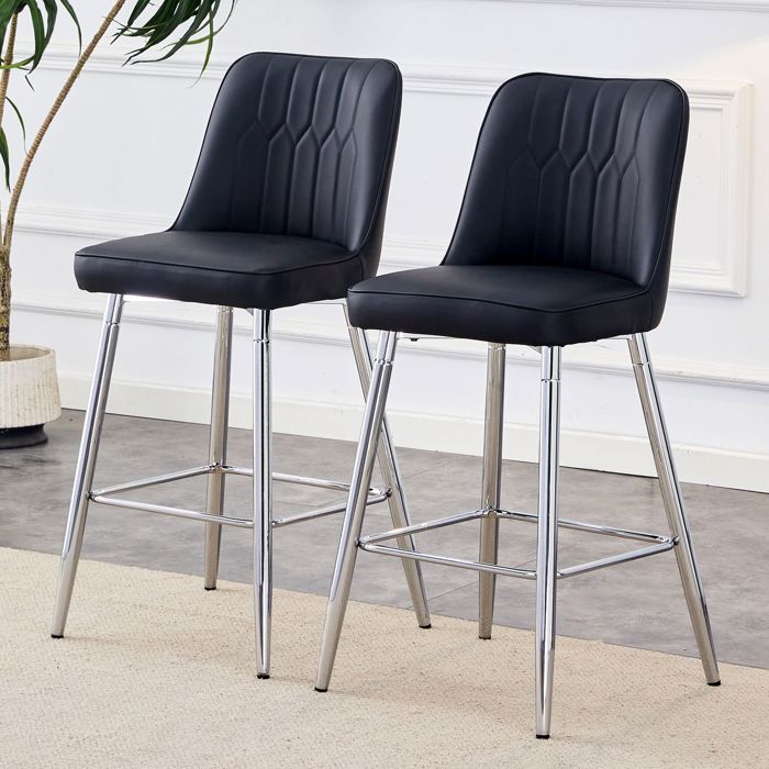 Tabouret de bar - WESTYLE - Lot de 2 - Cuir PU noir - Cadre métal argenté - Repose-pieds intégré