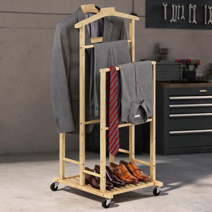 Outdoor Space Coat Racks and Stands featuring 19.7 x 16.1 x 41.3 in with Portant à vêtements sur roulettes en bambou chêne