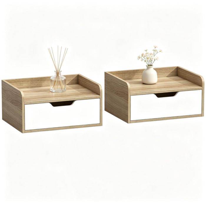 Lot de 2 tables de chevet murales 40x30x19 5 cm avec tiroir bois naturel blanc design suspendu Lot de 2 tables de chevet murales 40x30x19 5 cm avec tiroir bois naturel blanc design suspendu