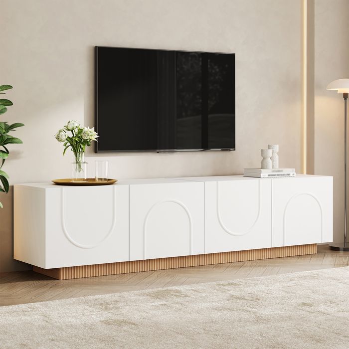 Meuble TV 170 cm - Banc TV 4 Portes - Façades en Relief Motif Arche Socle à Lattes Passe-Câbles