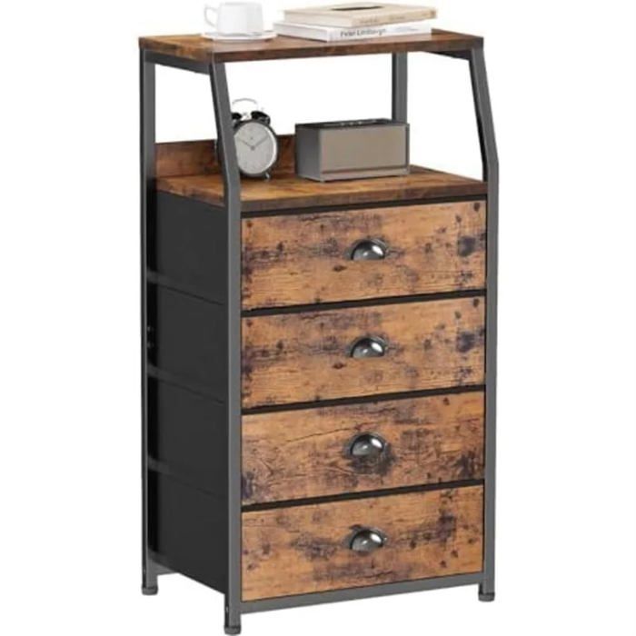 Table de chevet - 4 tiroirs en tissu - Étagères ouvertes - Structure acier - 41 × 29 × 84 cm - Vintage