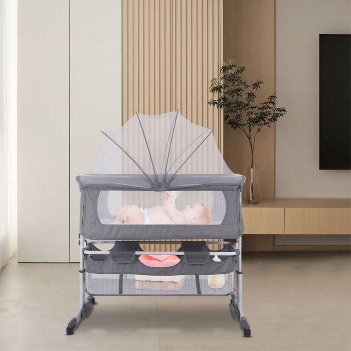 BERCEAU POUR BÉBÉ 0-36 MOIS RELEVABLE - HOMEWELL - LIT BÉBÉ MULTIFONCTIONNEL - MATELAS + MOUSTIQUAIRE - GRIS - 92 X 58 X 70-87CM