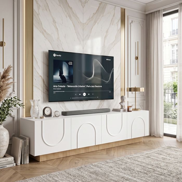 Meuble TV 170x38x42cm Grand Rangement 4 Portes Arc  Design Soigné en MDF  Socle Cannelé & Passe-Câbles