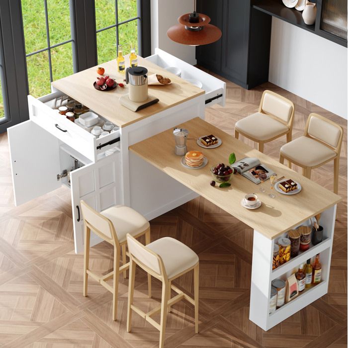 Table haute extensible avec rangement 2 tiroirs 4 compartiments et étagères latérales 2 à 6 personnes blanche