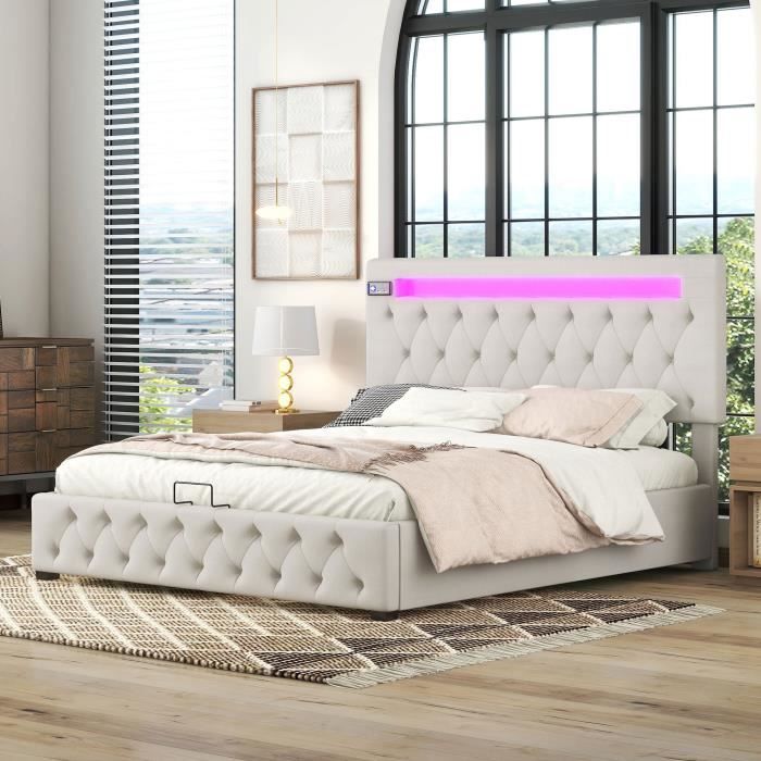 lit capitonné avec chargement usb, lecteur bluetooth et éclairage led, avec rangement, beige, (140x200 cm), sans matelas