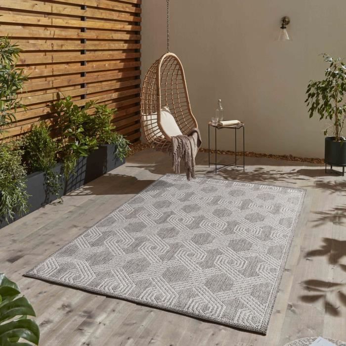 HomebyHome Aruba Tapis D'Intérieur/Extérieur 200x290 Cm – Aspect Sisal Tressé – Gris – Imperméable Et Robuste